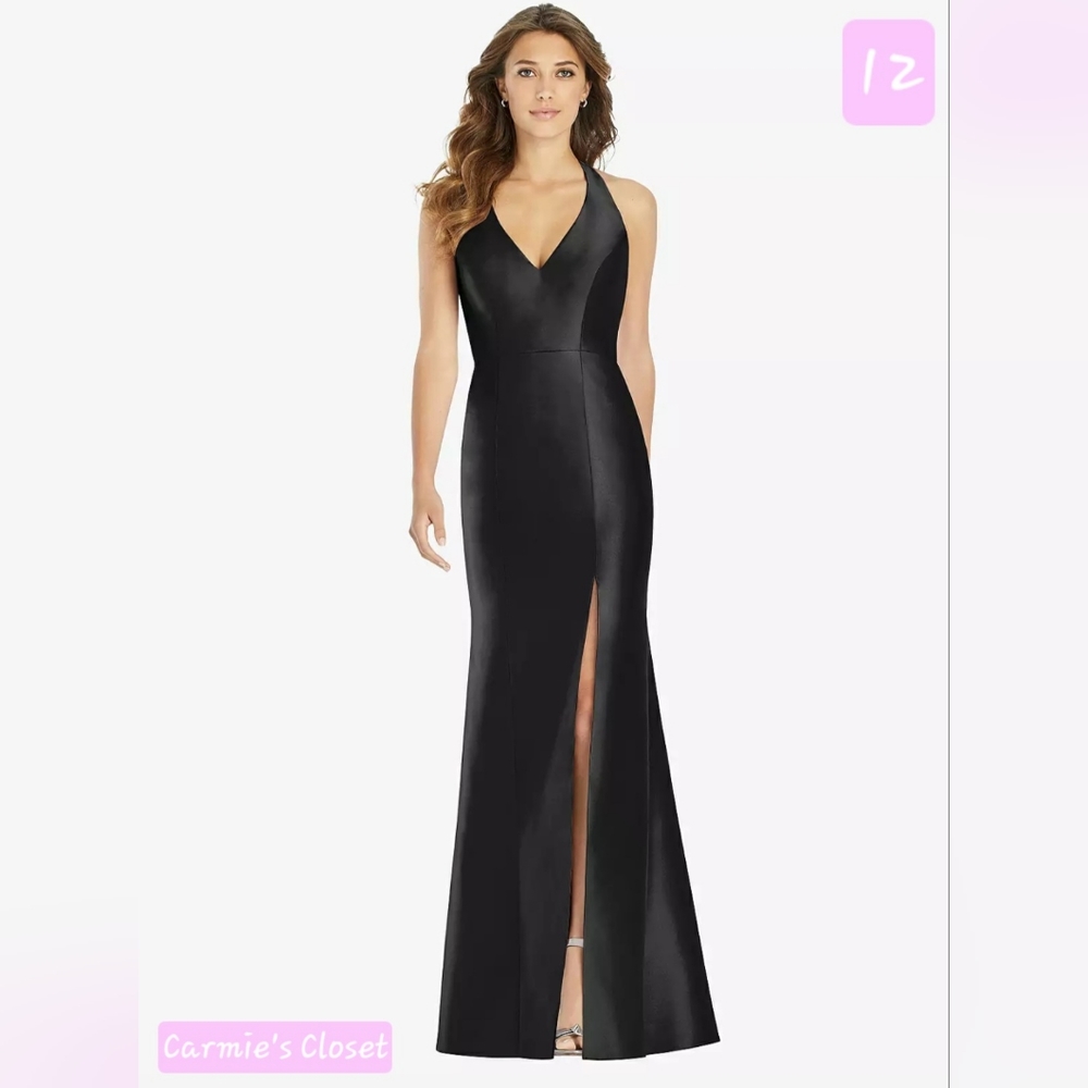 🔥NEW🔥OBO🔥 🔵 ALFRED SUNG V-Neck Halter Satin Trumpet Gown Black Dress Size 12